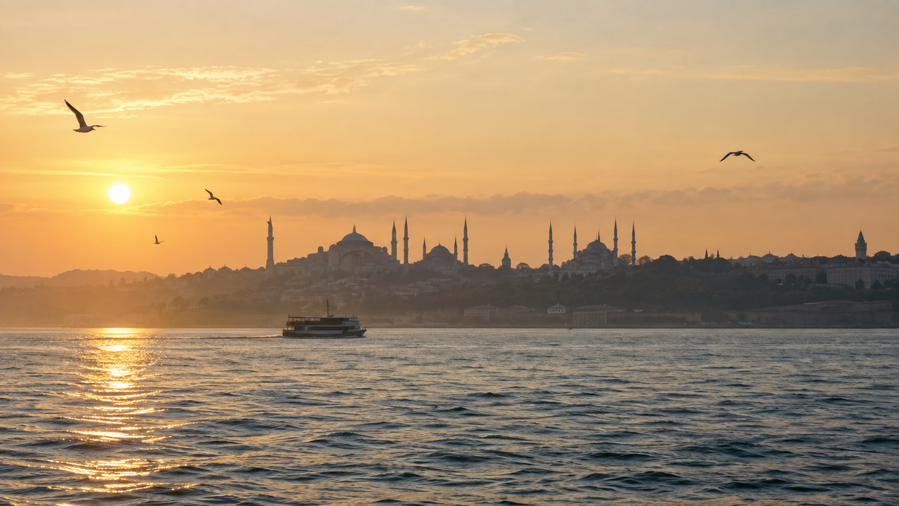 The skyline of Istanbul, Turkey, with the domes and minarets of its old city silhouetted at sunrise above the Bosphorus, a ferry crossing the water and gulls overhead
