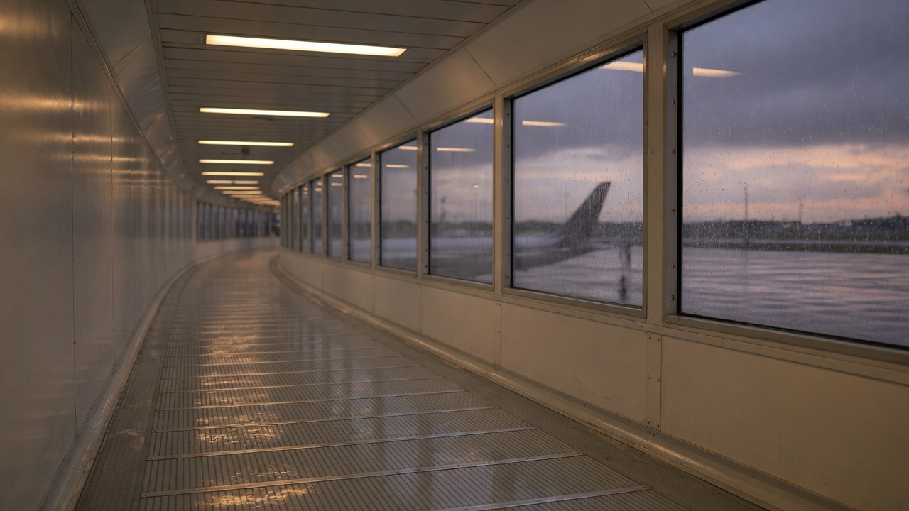 An empty curved airport jet bridge at dusk, windows along one side looking out onto a wet apron where an unmarked aircraft tail stands under low cloud