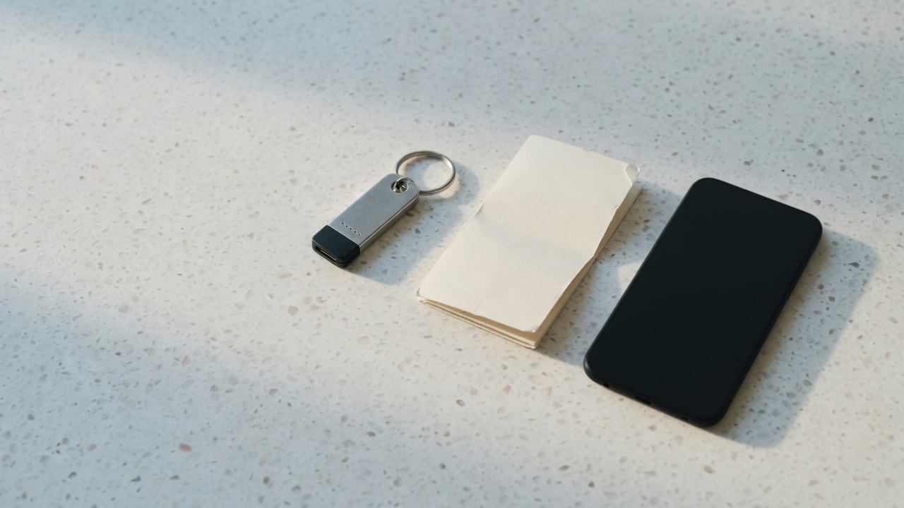 A small USB security token on a steel keyring, a folded paper card and a dark phone lying face down on pale speckled terrazzo in soft morning light