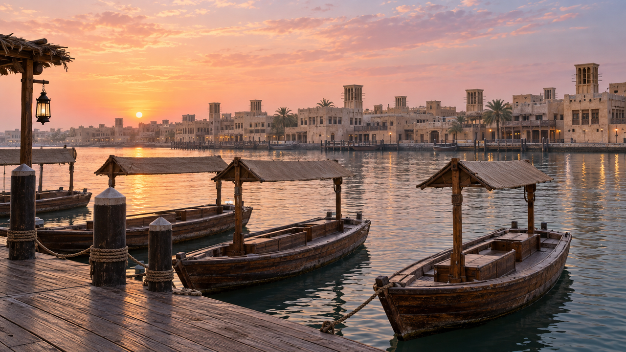 Empty wooden abras moored at a jetty on Dubai Creek in the UAE at sunrise, low sand-coloured buildings with wind towers on the far bank