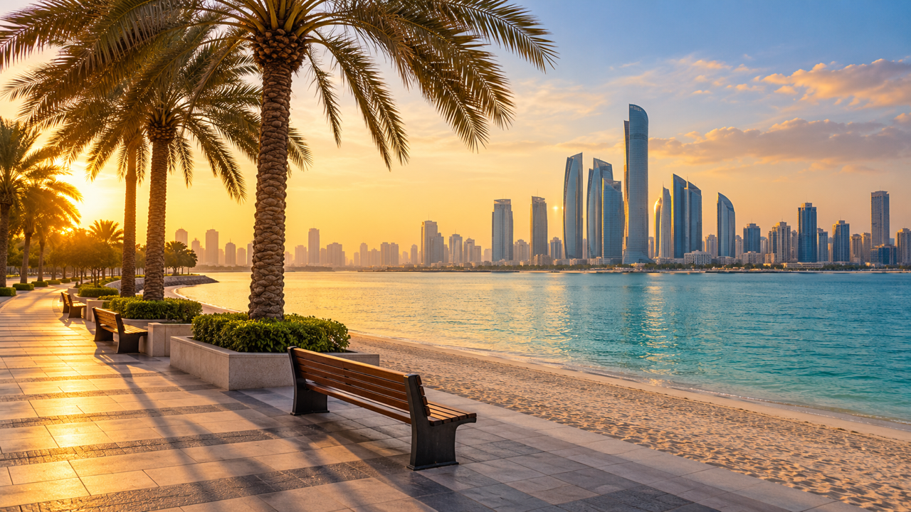 Empty wooden benches under date palms on a seafront promenade in Abu Dhabi, UAE, at sunset, with calm turquoise water and the city skyline across the bay