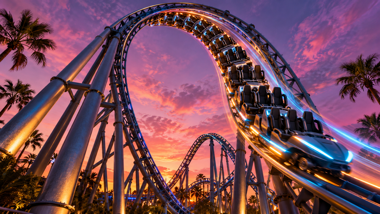 A steel roller coaster train racing through a vertical loop at dusk, light trails streaking against a pink and violet sky edged with palms