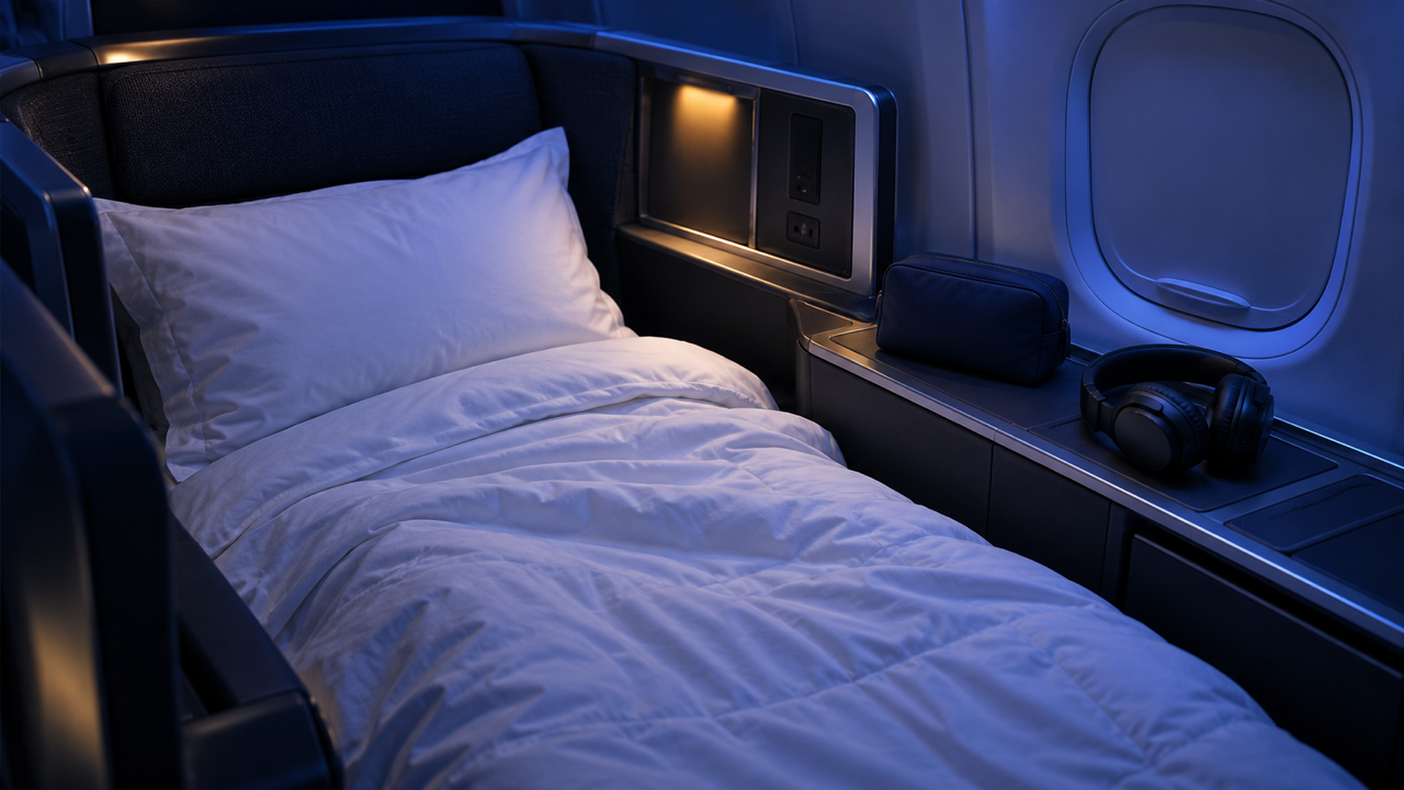 A lie flat airline seat made up with a white duvet and pillow in a blue lit cabin, a dark amenity pouch and headphones resting on the side console