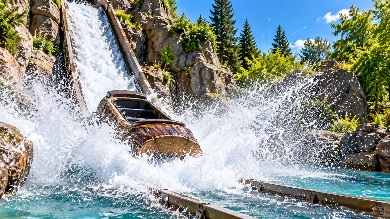 A log flume boat plunging down a steep water chute into a huge white splash under a bright blue sky