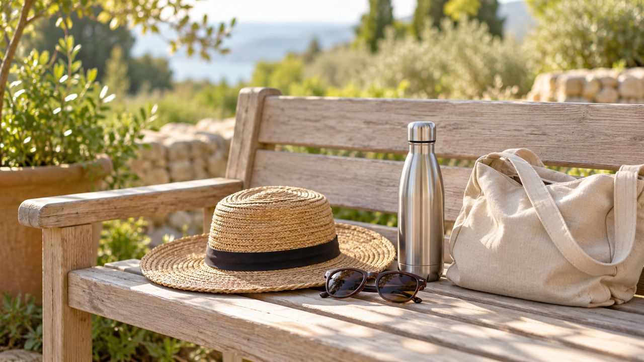 A straw sun hat, sunglasses, a steel water bottle and a linen day bag laid out on a weathered wooden bench in soft morning light