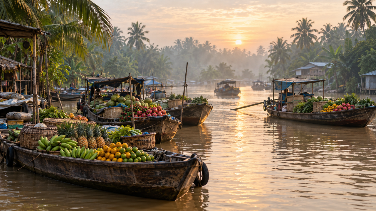 Wooden river boats piled with pineapples, bananas and citrus, moored on brown water among palms at sunrise in the Mekong Delta, Vietnam