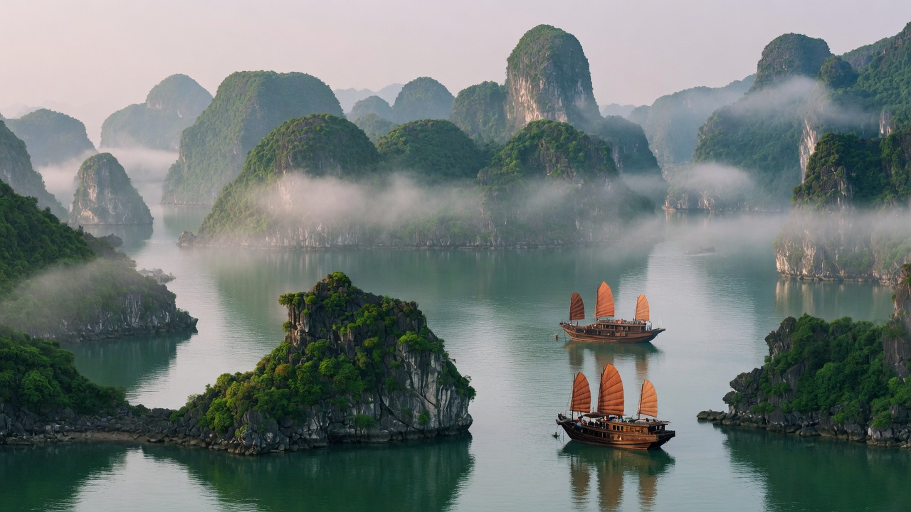 Limestone karsts and junk boats in the morning mist of Ha Long Bay