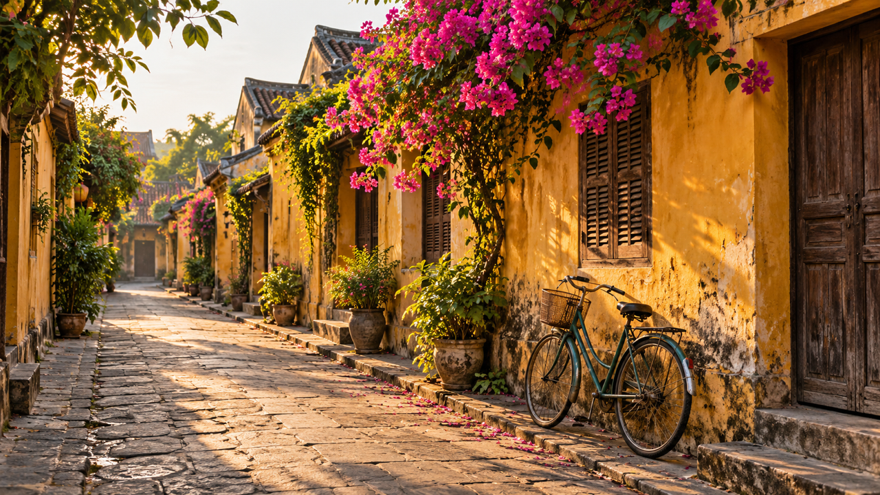 A cobbled lane of yellow walled houses in Hoi An, Vietnam, with bougainvillea over the wall and a bicycle leaning in the morning light