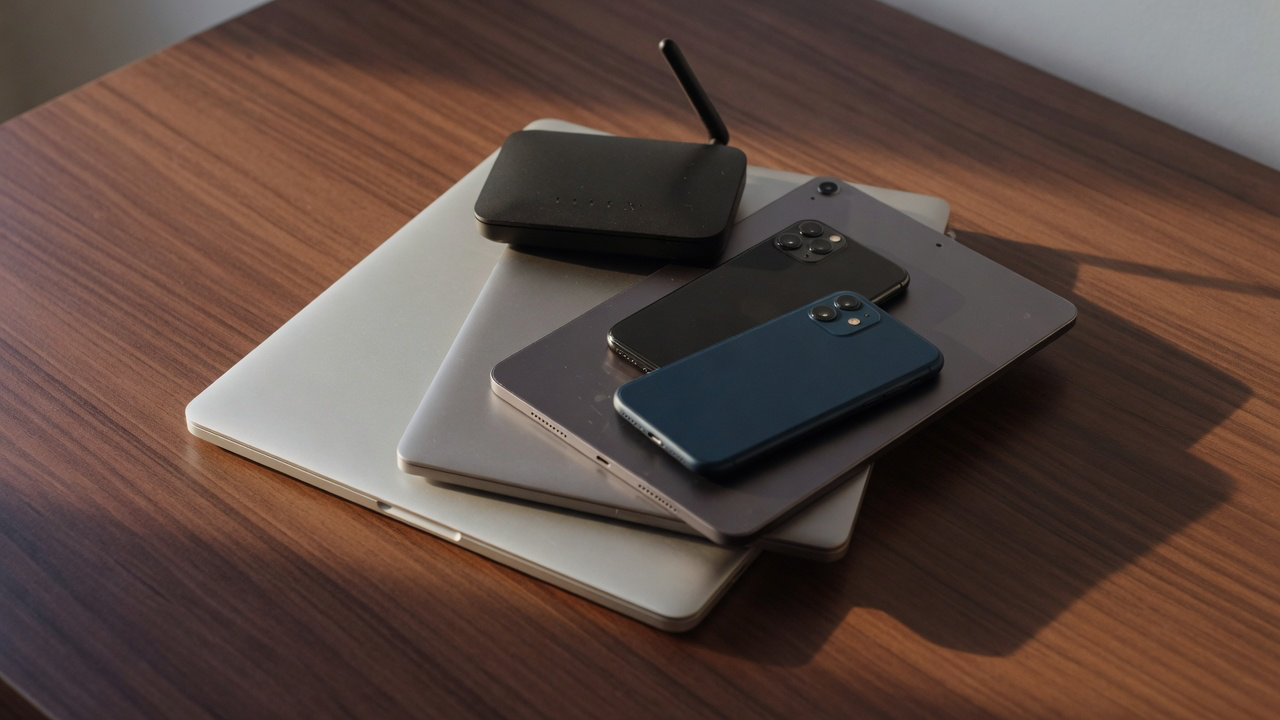 A closed silver laptop, a dark grey tablet, a black phone and a navy phone all lying face down in a loose stack with a small black travel router and its antenna resting on top, on a dark walnut desk in warm directional light