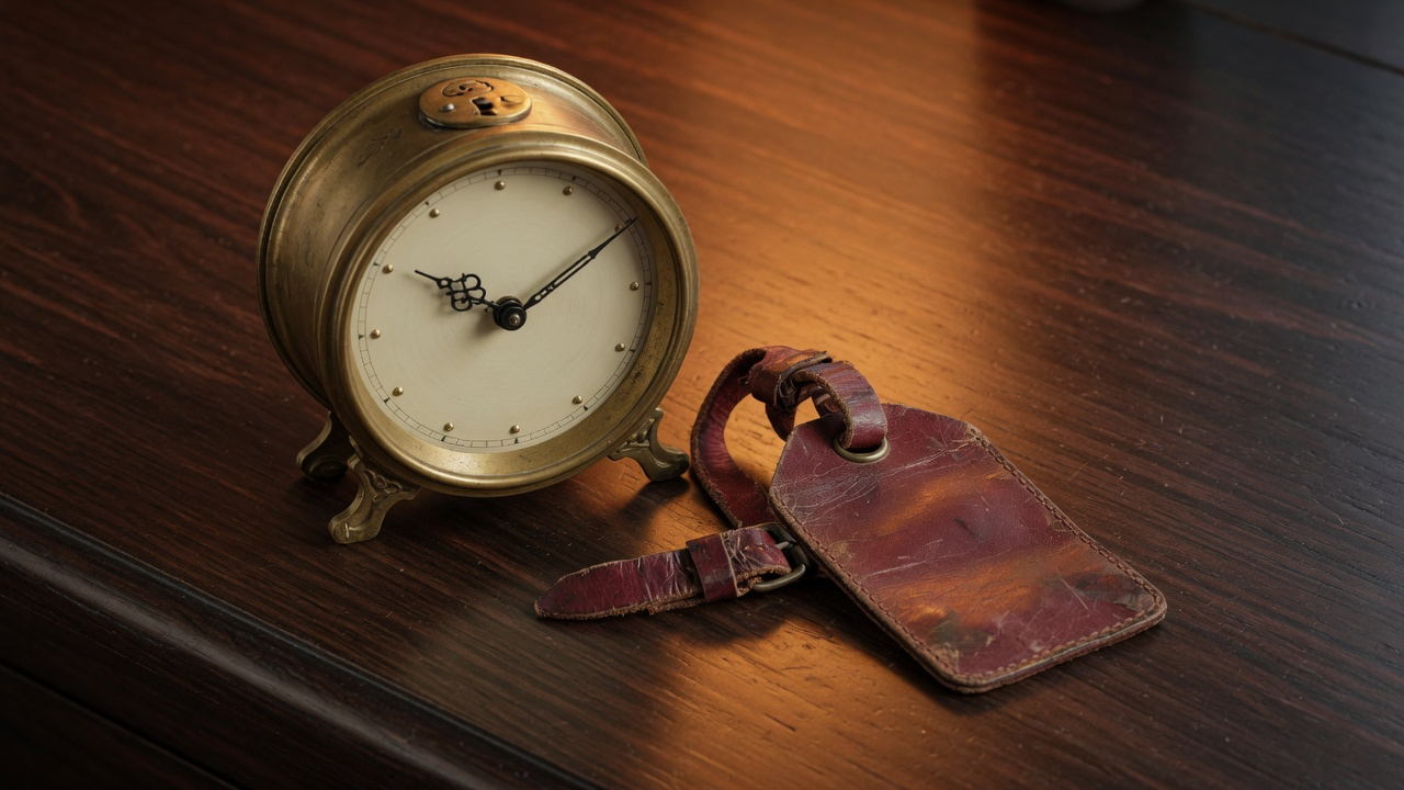 A heavy brass mechanical desk clock with a plain unnumbered face beside a scuffed oxblood leather luggage tag on dark polished wood in warm lamplight