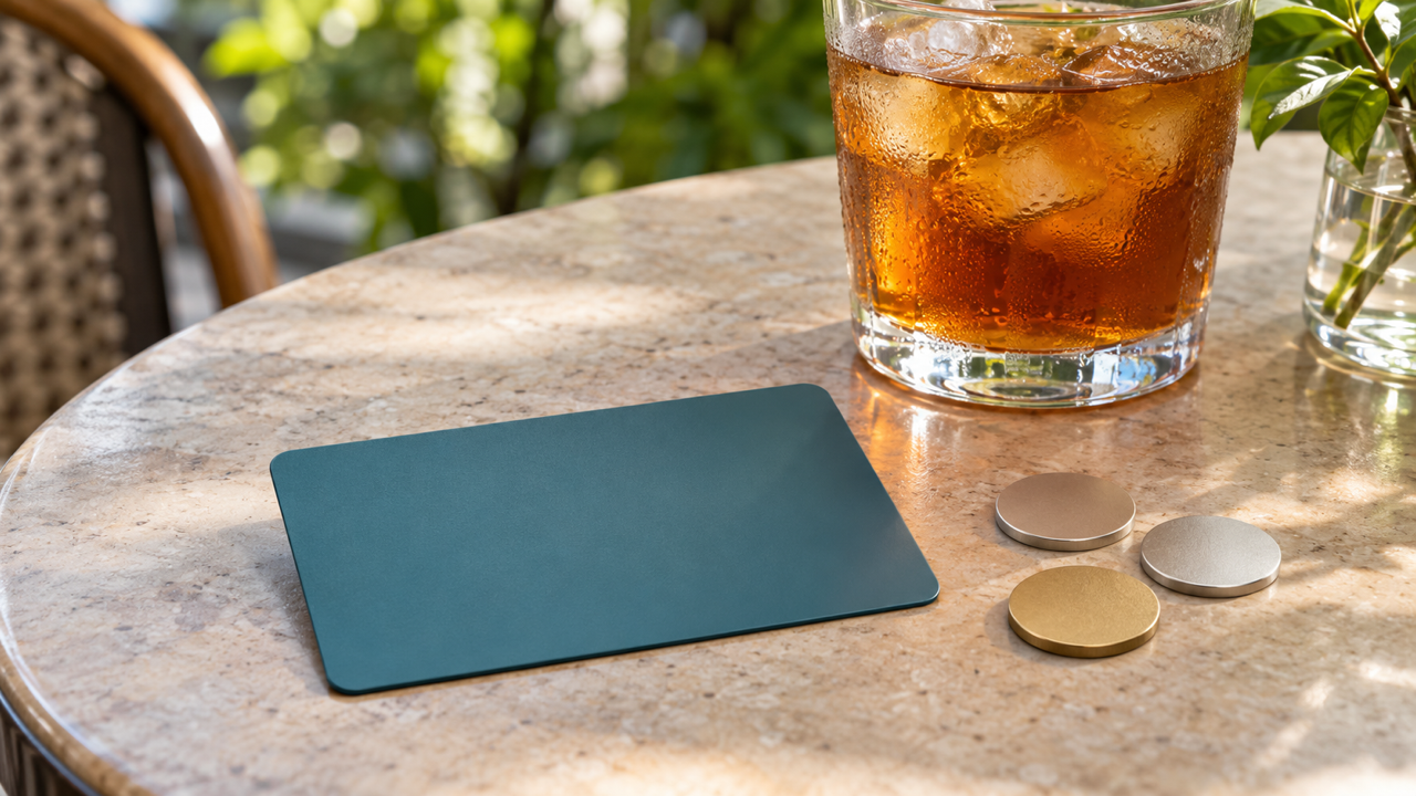 A plain dark teal payment card and three loose coins on a round stone cafe table beside a tall glass of iced tea, with green leaves softly blurred behind