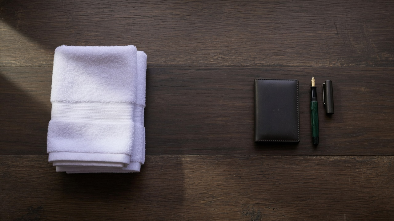 An overhead view of a dark wooden table, folded white towels on the left and a black leather card wallet with a green fountain pen on the right